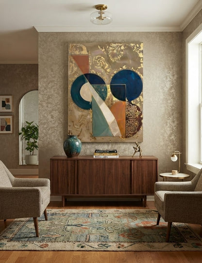Modern Teal & Cobalt Blue Abstract Canvas Print - Golden-Hued Geometric Circle Wall Art