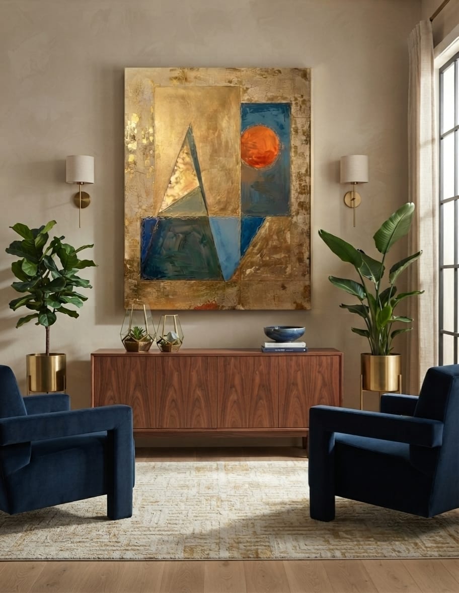 Modern Terracotta Sun & Geometric Canvas Print - Celestial Gold & Teal Wall Art