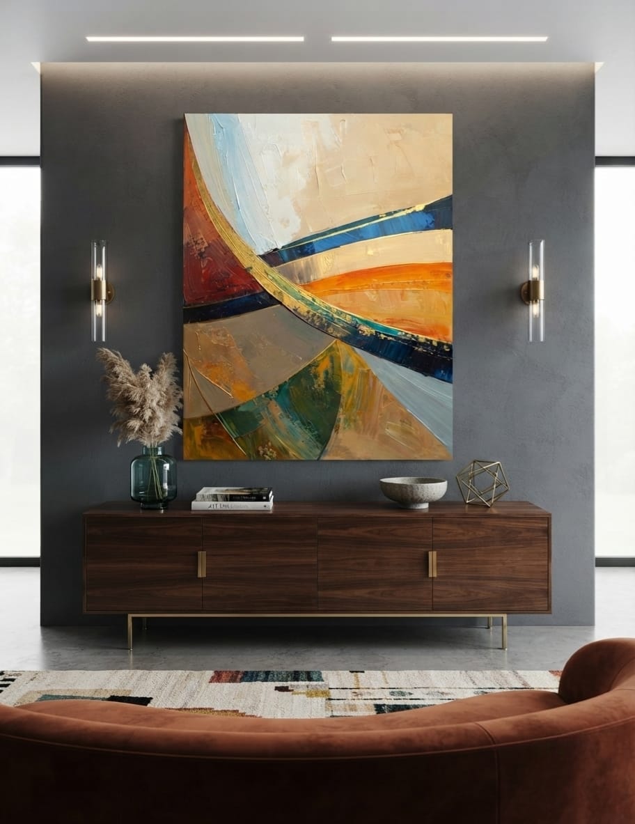 Modern Ocean Blue & Burnt Amber Abstract Canvas Print - Curved Wave Geometric Wall Art