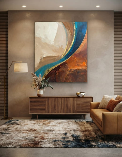 Modern Teal Blue & Burnt Terracotta Wave Canvas Print - Curved Abstract Fluid Wall Art