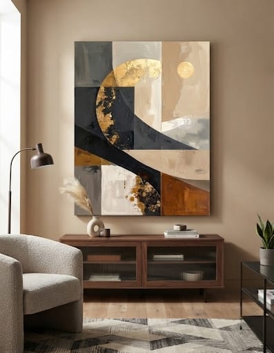Modern Charcoal & Beige Geometric Canvas Print - Celestial Golden Semicircle Wall Art
