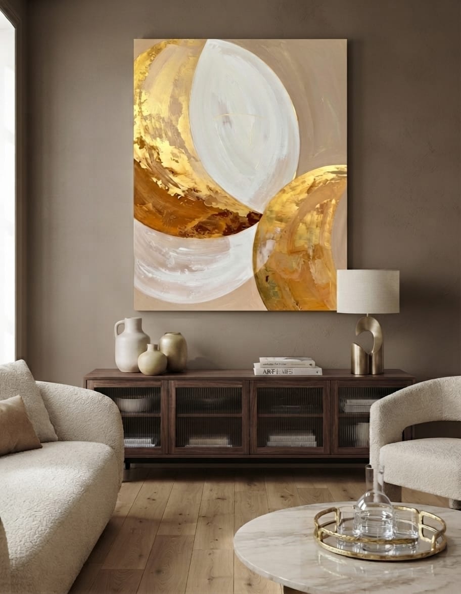 Modern Cream & Ochre Crescent Moon Abstract Canvas Print - Celestial Minimalist Wall Art