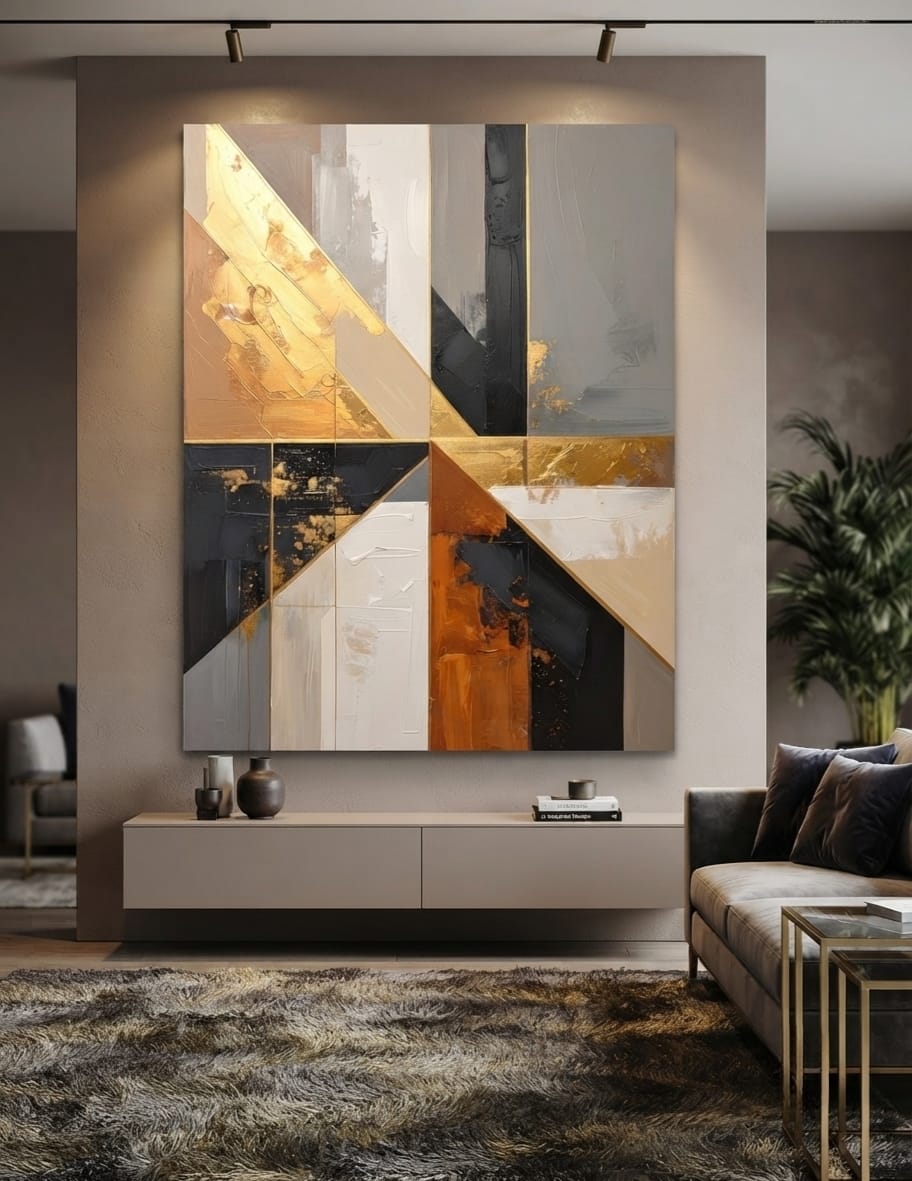 Modern Charcoal & Terracotta Geometric Canvas Print - Diagonal Color Block Wall Art