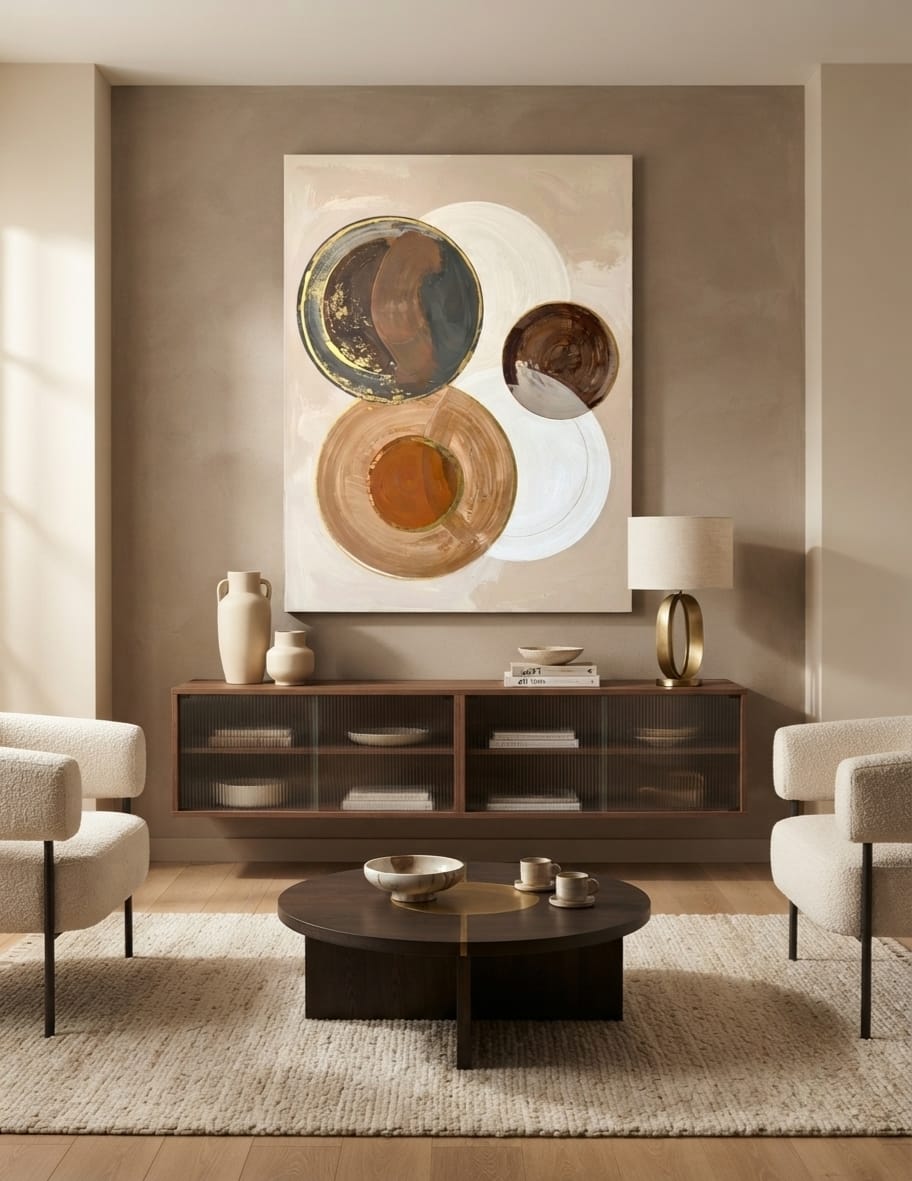 Modern Neutral Beige & Espresso Circular Canvas Print - Geometric Abstract Wall Art