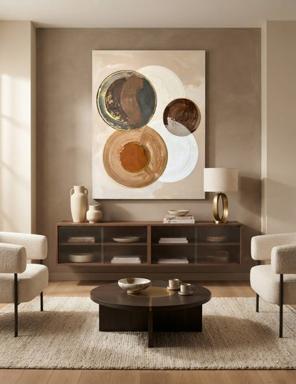 Modern Neutral Beige & Espresso Circular Canvas Print - Geometric Abstract Wall Art