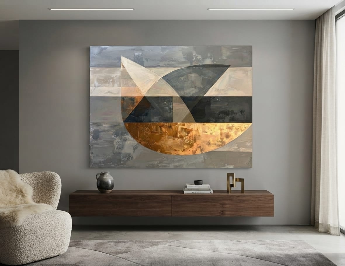 Modern Monochromatic Slate Grey Abstract Canvas Print - Golden Semicircle Geometric Wall Art