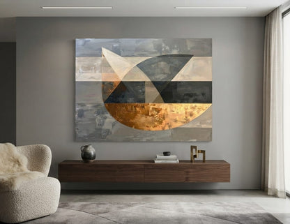 Modern Monochromatic Slate Grey Abstract Canvas Print - Golden Semicircle Geometric Wall Art