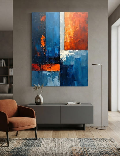 Modern Indigo Blue & Terracotta Color Block Canvas Print - Abstract Geometric Impasto Wall Art