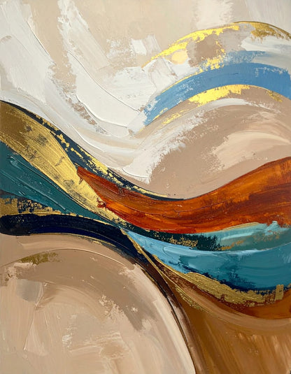 Modern Teal Blue & Burnt Terracotta Abstract Canvas Art Set of 2 - Curved Fluid Wave Wall Art Diptych
