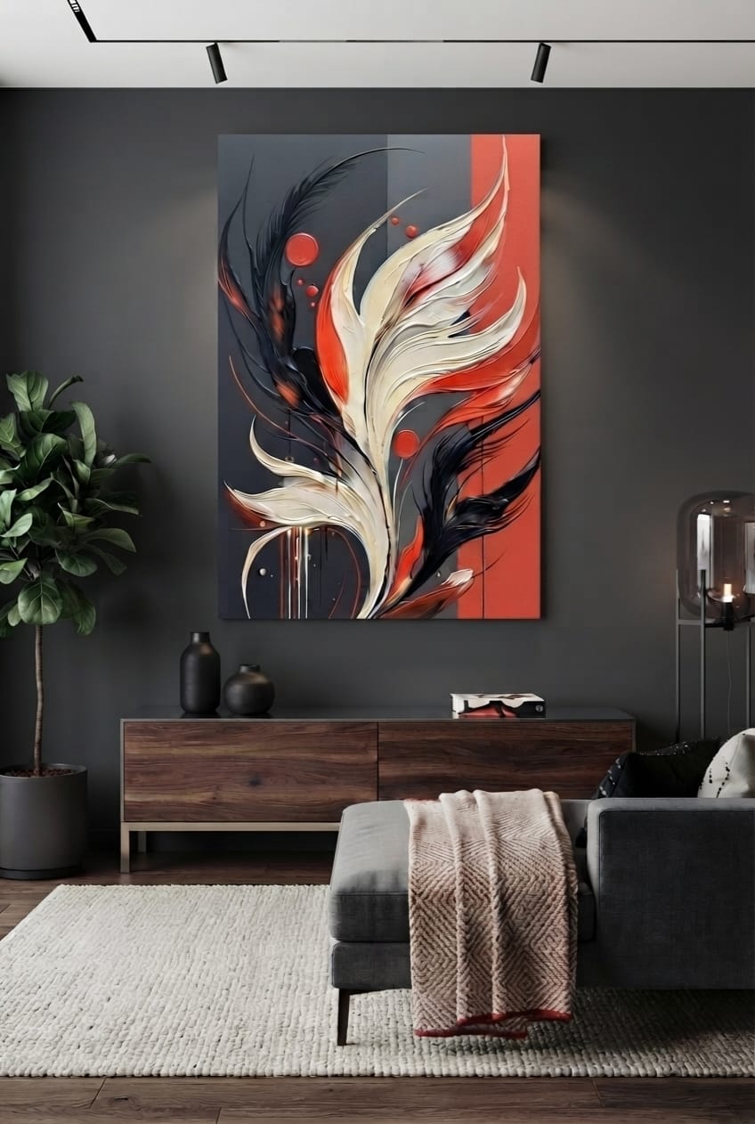 Modern Red Black & Cream Abstract Feather Canvas Print - Textured Impasto Flame Wall Art