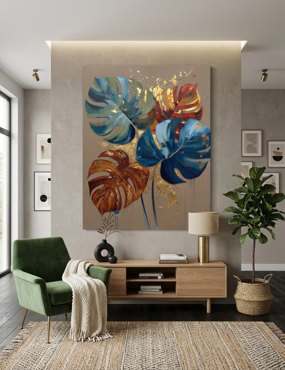 Modern Teal & Amber Monstera Leaf Canvas Print - Sculpted Impasto Botanical Wall Art