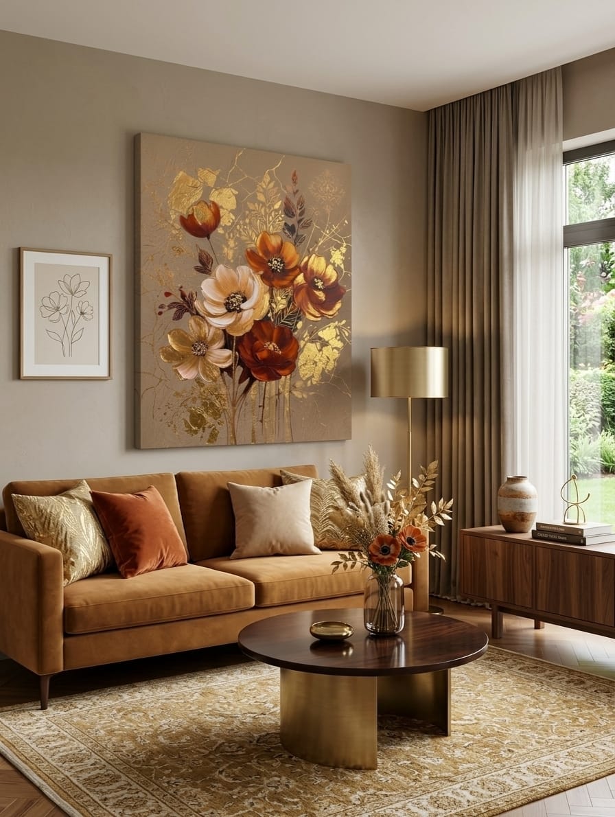Modern Terracotta & Golden Anemone Floral Canvas Print - Sculpted Impasto Wall Art