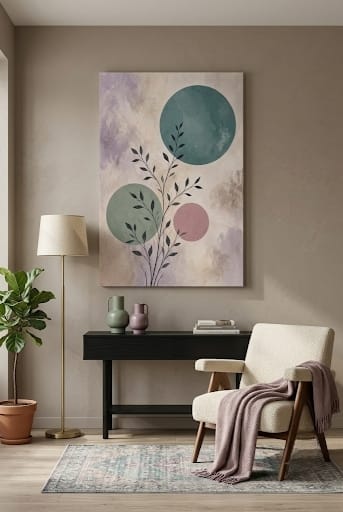 Modern Botanical Silhouette & Geometric Circle Canvas Print - Minimalist Teal & Lavender Wall Art