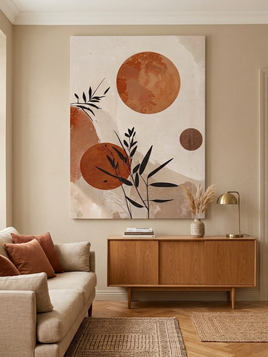 Modern Terracotta & Neutral Botanical Canvas Print - Minimalist Geometric Celestial Wall Art