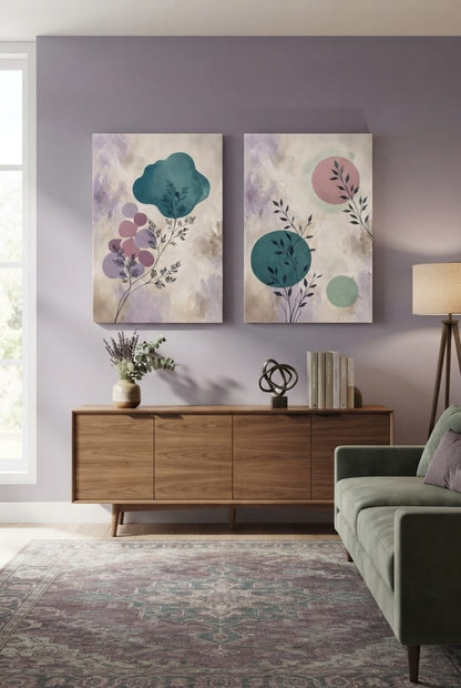 Modern Botanical Silhouette & Abstract Geometric Diptych Canvas Art Set - 2-Piece Teal & Lavender Wall Decor