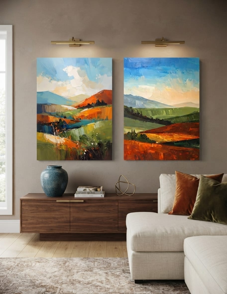 Tuscan Countryside Abstract Diptych Canvas Print Set - 2-Piece Modern Impressionist Landscape Wall Art