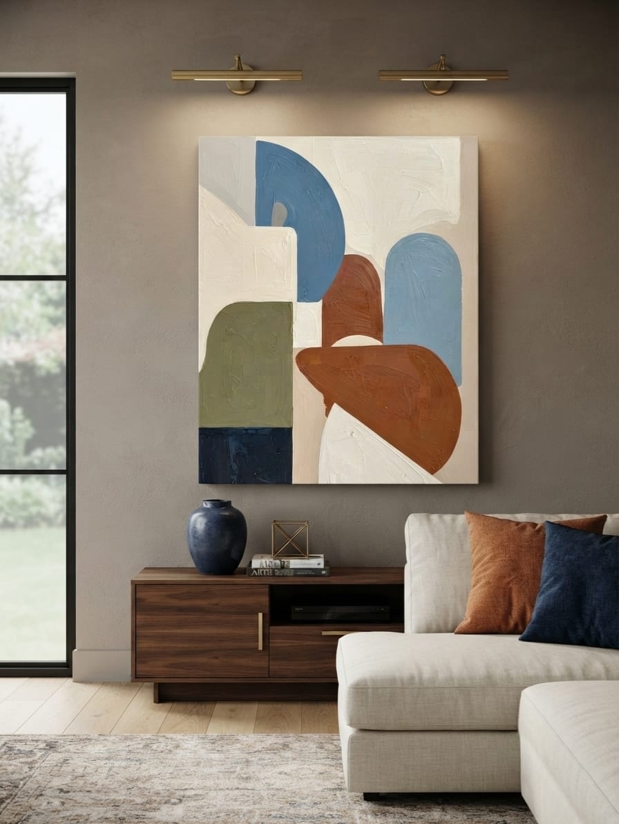 Modern Terracotta & Slate Blue Abstract Canvas Print - Minimalist Geometric Arch Wall Art