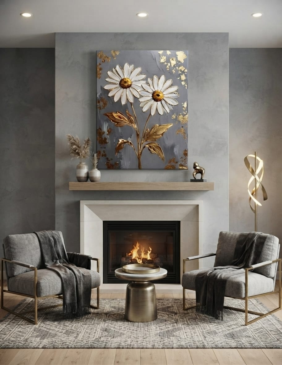 Modern Daisy Floral Canvas Print - Sculpted Impasto Wall Art in Ochre Gold or Slate Gray