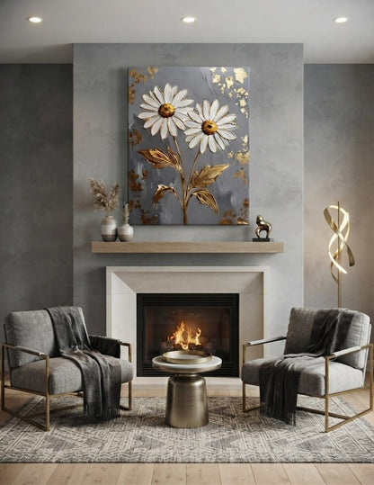 Modern Daisy Floral Canvas Print - Sculpted Impasto Wall Art in Ochre Gold or Slate Gray