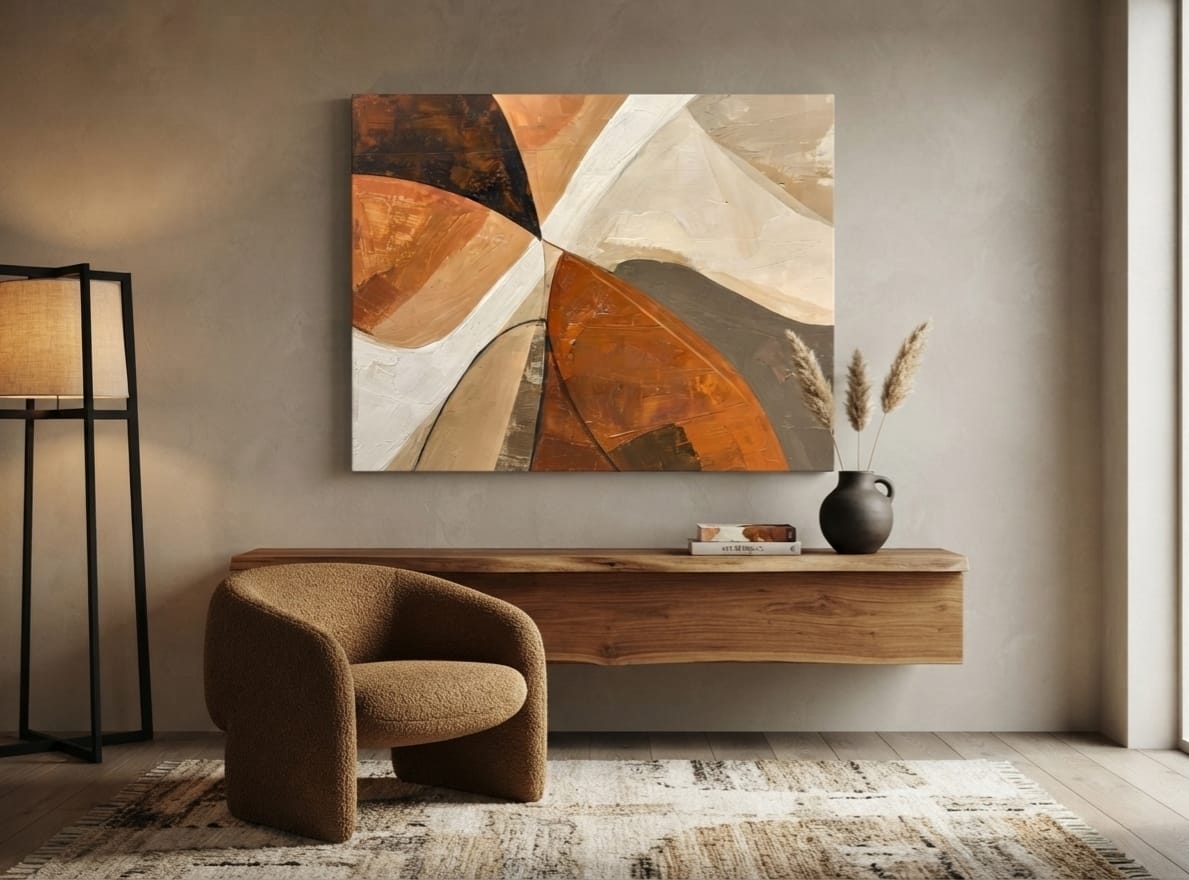 Modern Terracotta & Slate Horizontal Abstract Canvas Print - Curved Impasto Color Block Wall Art