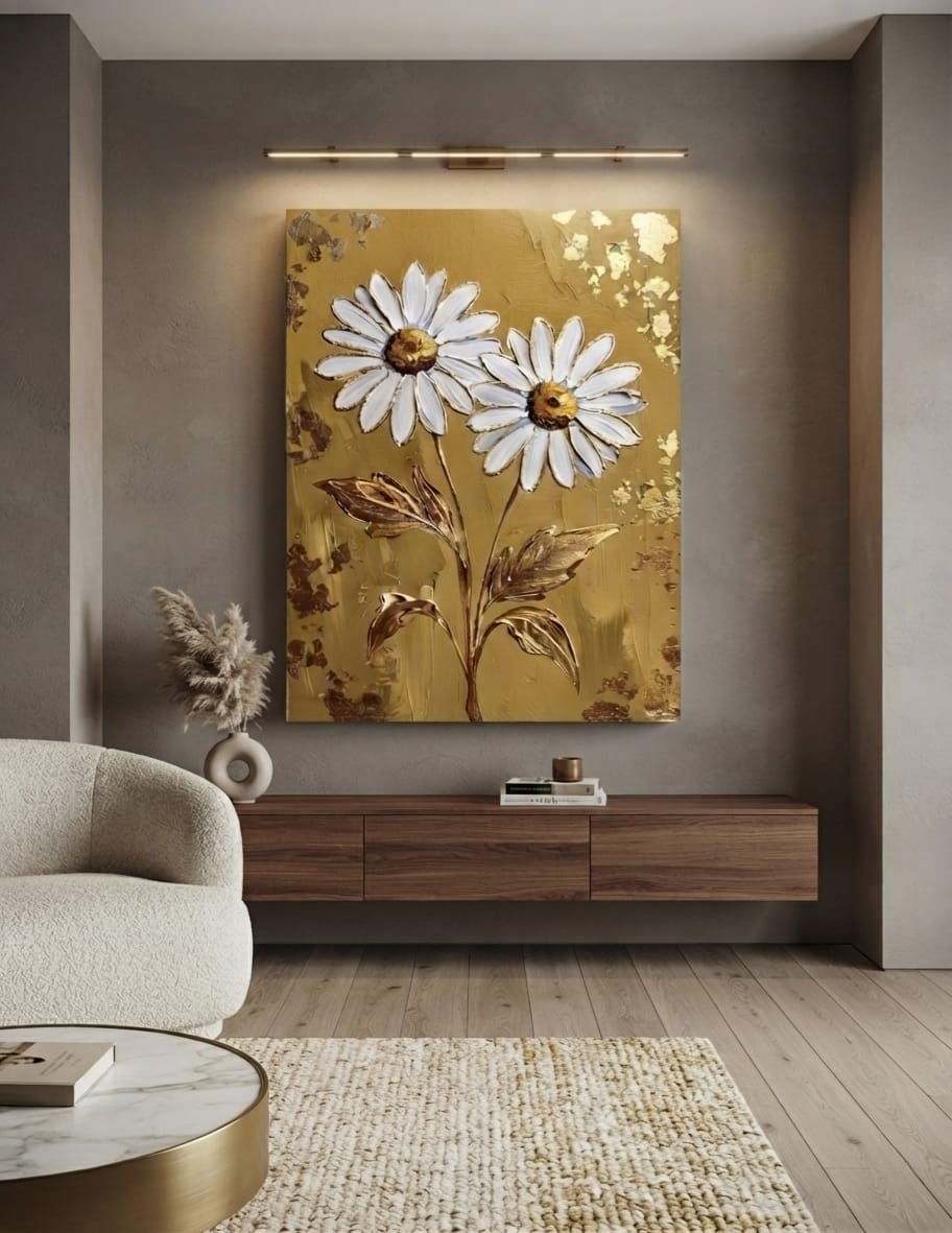 Modern Daisy Floral Canvas Print - Sculpted Impasto Wall Art in Ochre Gold or Slate Gray