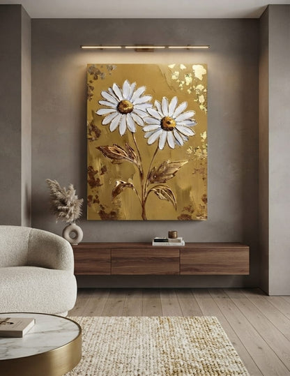 Modern Daisy Floral Canvas Print - Sculpted Impasto Wall Art in Ochre Gold or Slate Gray