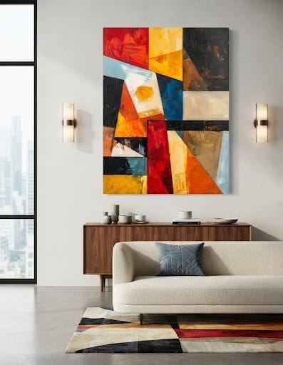 Modern Red & Gold Geometric Canvas Print - Abstract Stained Glass Palette Knife Wall Art
