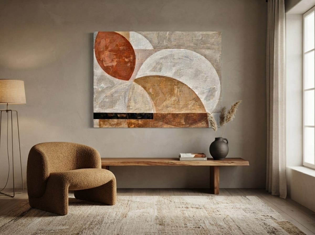 Modern Terracotta & Neutral Linen Style Abstract Canvas Print - Horizontal Organic Circle Wall Art