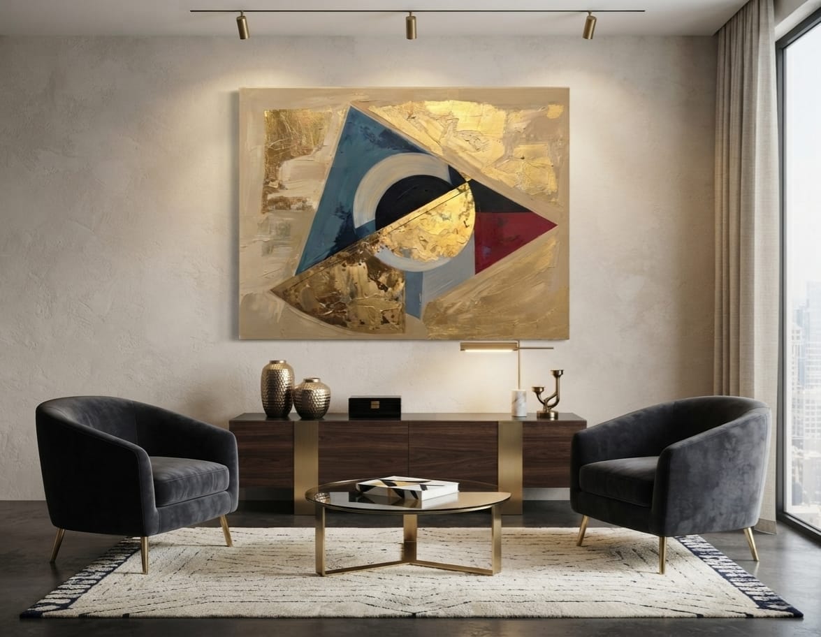 Modern Golden & Indigo Abstract Canvas Print - Horizontal Geometric Triangle Wall Art