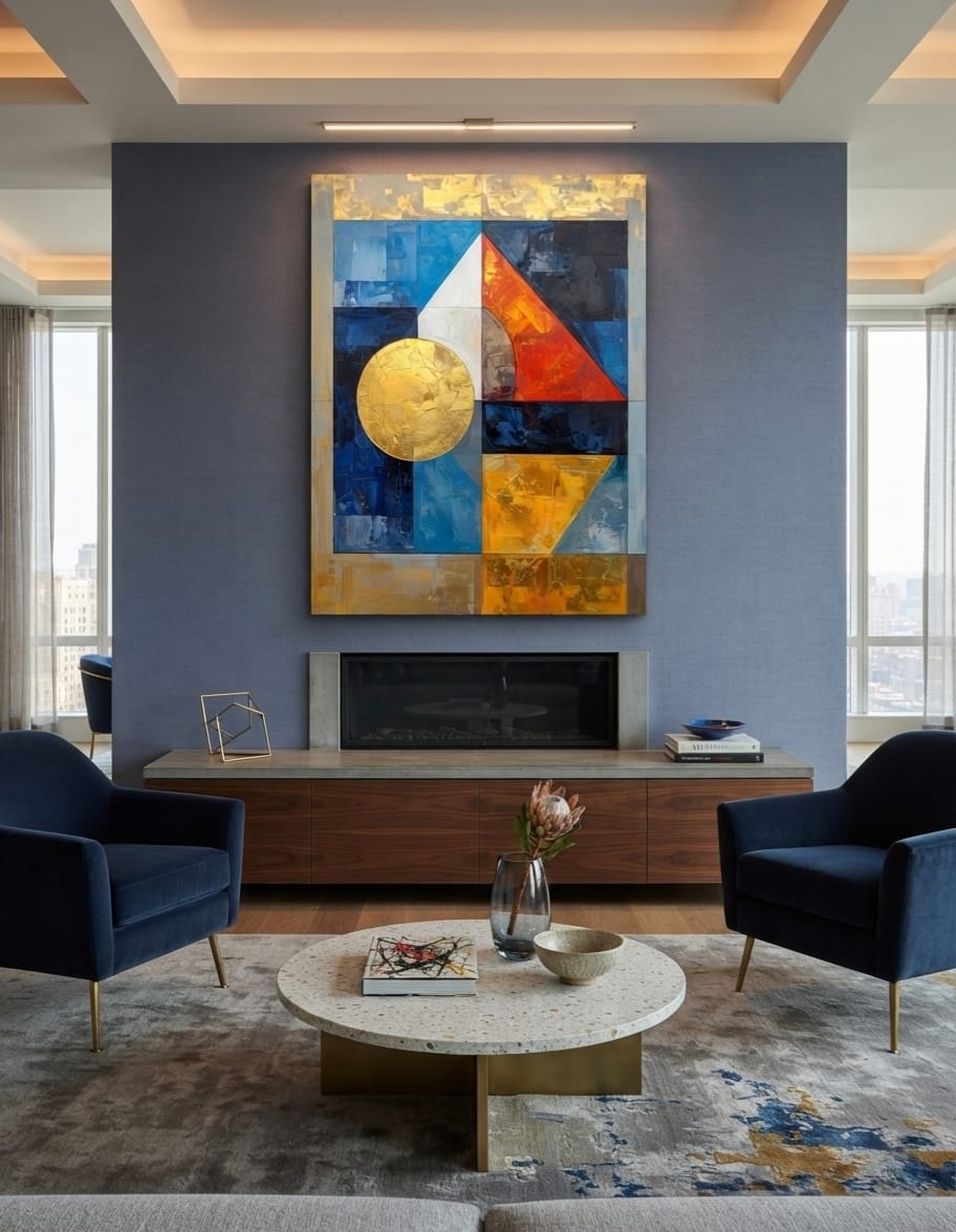 Modern Golden & Indigo Geometric Canvas Print - Abstract Solar Sphere Wall Art