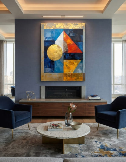 Modern Golden & Indigo Geometric Canvas Print - Abstract Solar Sphere Wall Art