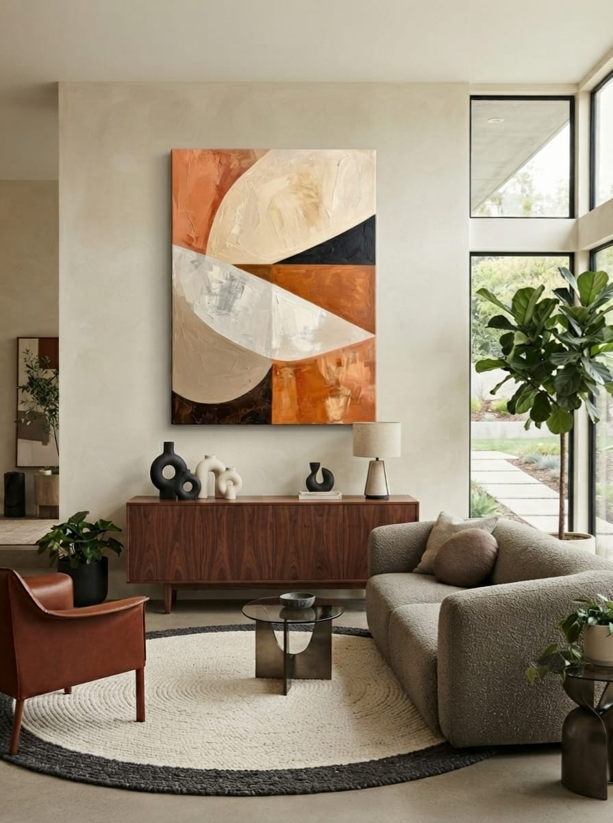 Modern Terracotta & Neutral Impasto Canvas Print - Abstract Geometric Curved Fan Wall Art