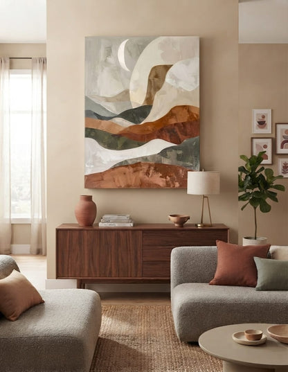 Modern Terracotta & Slate Gray Crescent Moon Canvas Print - Abstract Organic Waves Wall Art