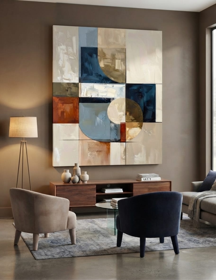 Modern Indigo & Beige Geometric Canvas Print - Abstract Circle & Grid Wall Art