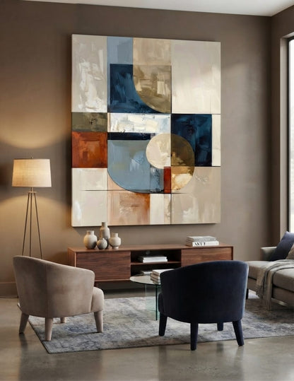 Modern Indigo & Beige Geometric Canvas Print - Abstract Circle & Grid Wall Art