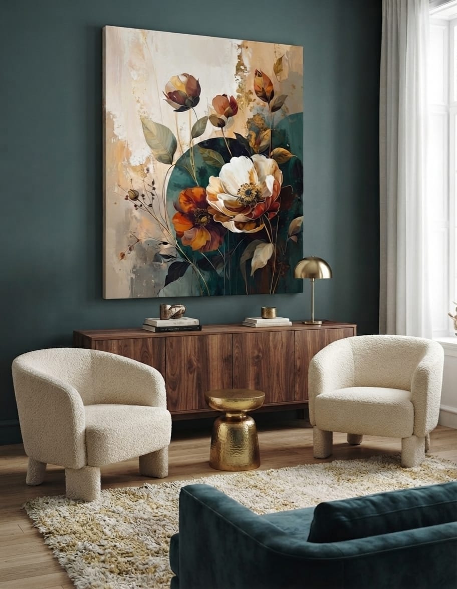 Modern Terracotta & Teal Botanical Floral Canvas Print - Peony Wall Art with Golden Accents