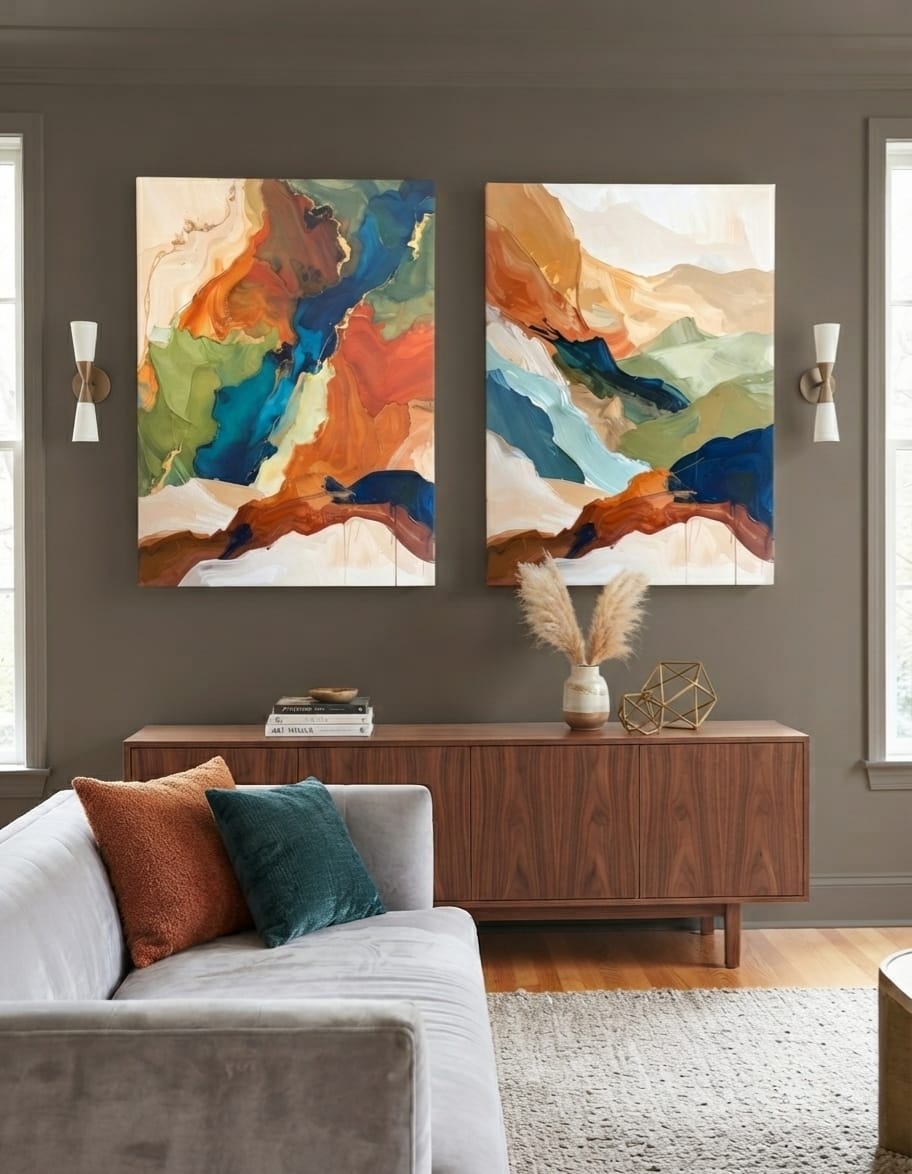 Modern Terracotta & Teal Abstract Diptych Canvas Print Set - 2-Piece Landscape & Fluid Wall Art
