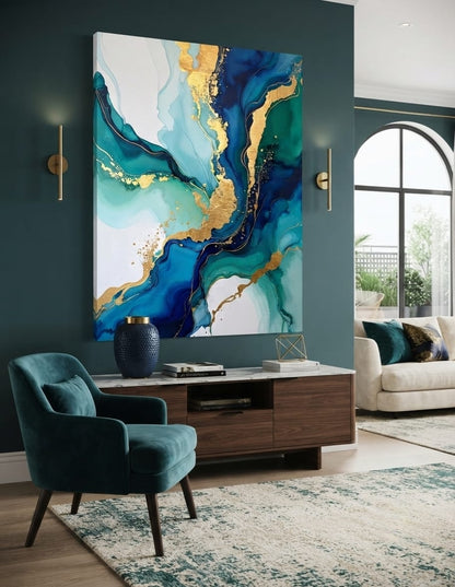 Modern Teal & Deep Navy Blue Alcohol Ink Canvas Print - Fluid Marble Wall Art with Gold Accents