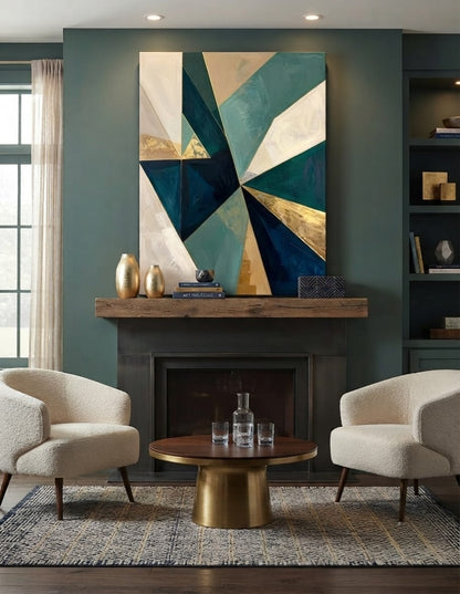 Modern Teal & Gold Geometric Canvas Print - Abstract Faceted Prism Wall Art