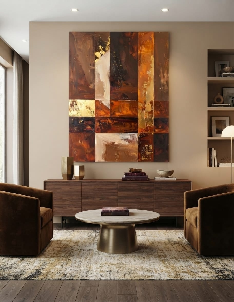 Modern Terracotta & Ochre Grid Abstract Canvas Print - Geometric Palette Knife Wall Art