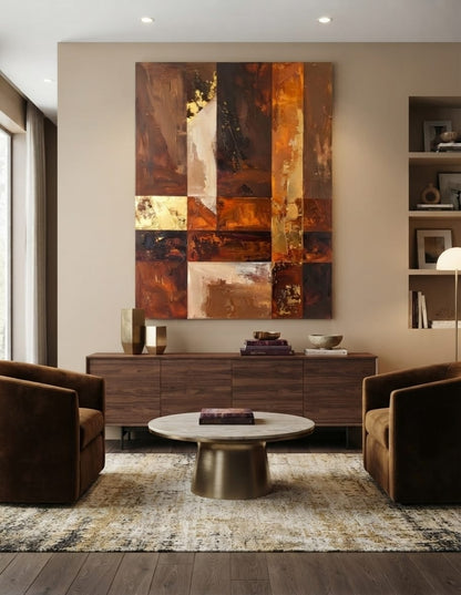 Modern Terracotta & Ochre Grid Abstract Canvas Print - Geometric Palette Knife Wall Art