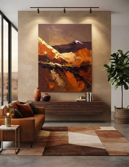 Modern Terracotta & Ochre Abstract Canvas Print - Angular Heavy Impasto Wall Art