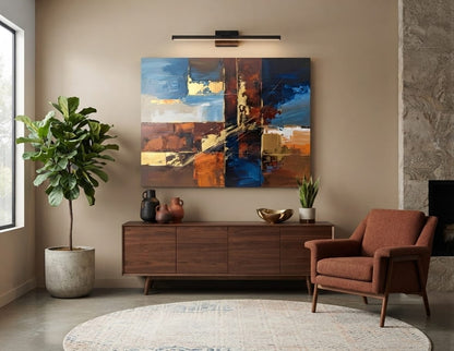 Modern Navy Blue & Terracotta Grid Abstract Canvas Print - Horizontal Geometric Wall Art