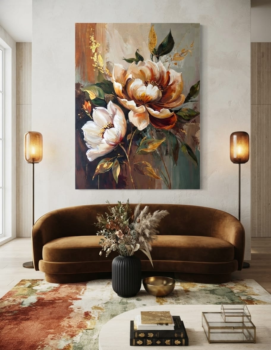 Modern Terracotta & Ivory Peony Canvas Print - Sculpted Impasto Floral Wall Art