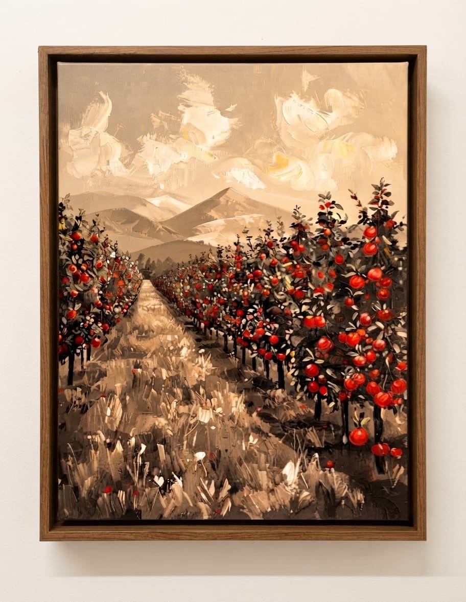 Sepia Mountain Orchard Canvas Print - Ruby Red Apple Grove Impasto Wall Art
