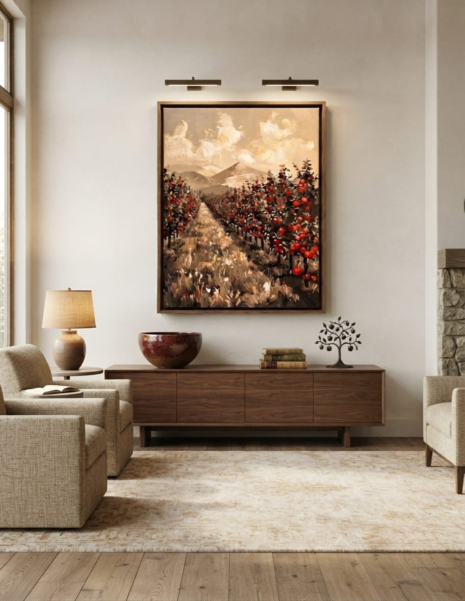 Sepia Mountain Orchard Canvas Print - Ruby Red Apple Grove Impasto Wall Art
