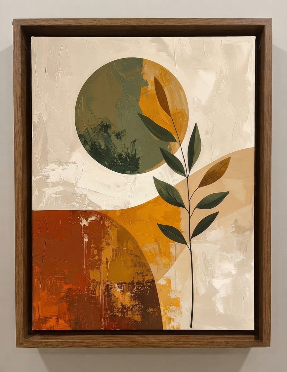 Abstract Sun & Botanical Leaf Canvas Print Set - 2 Piece Ochre, Terracotta & Sage Wall Art
