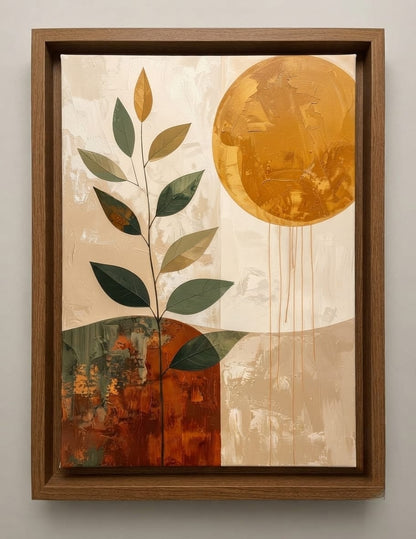 Abstract Sun & Botanical Leaf Canvas Print Set - 2 Piece Ochre, Terracotta & Sage Wall Art
