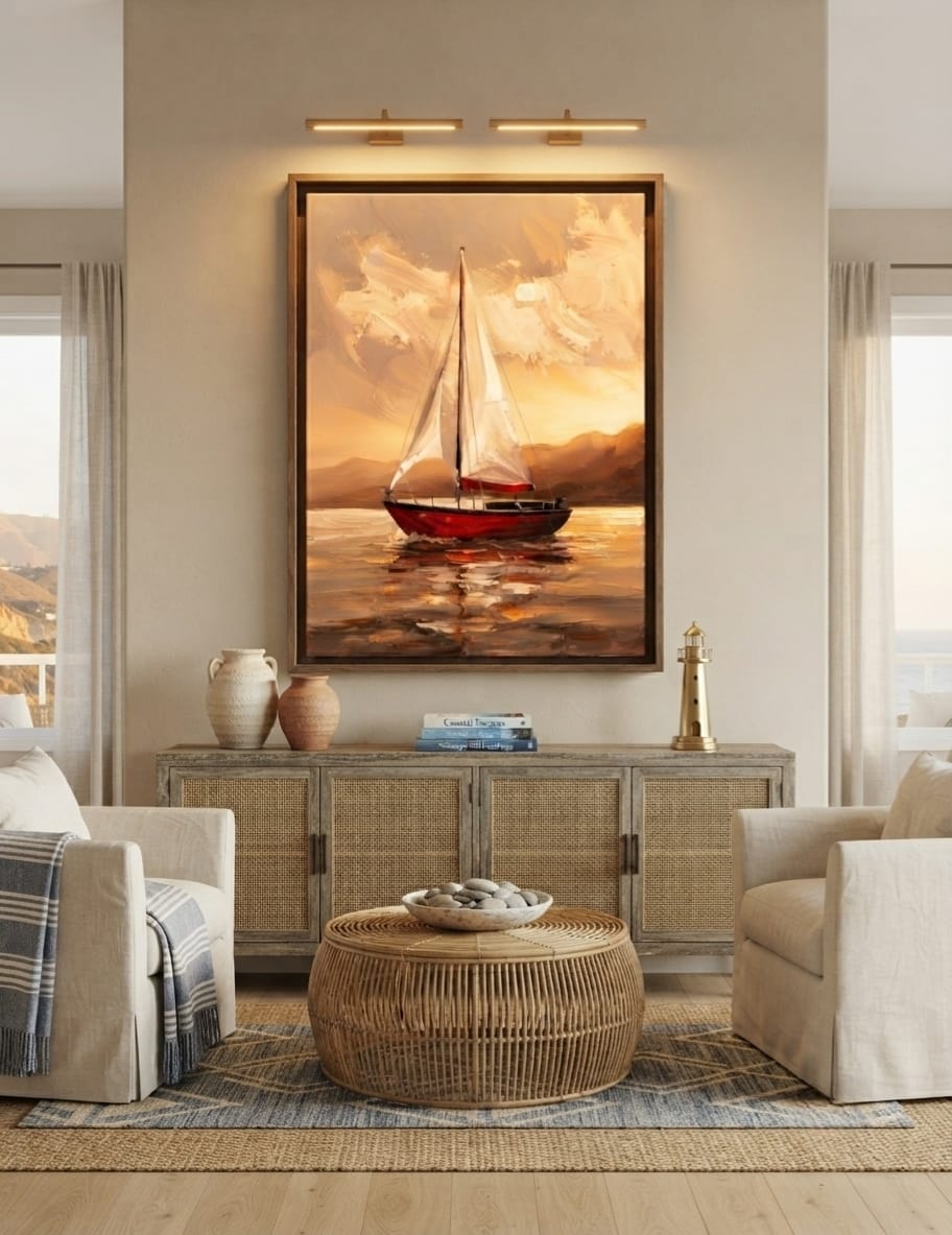Golden Sunset Sailboat Canvas Print - Red Hull Yacht & Warm Seascape Painting Wall Art