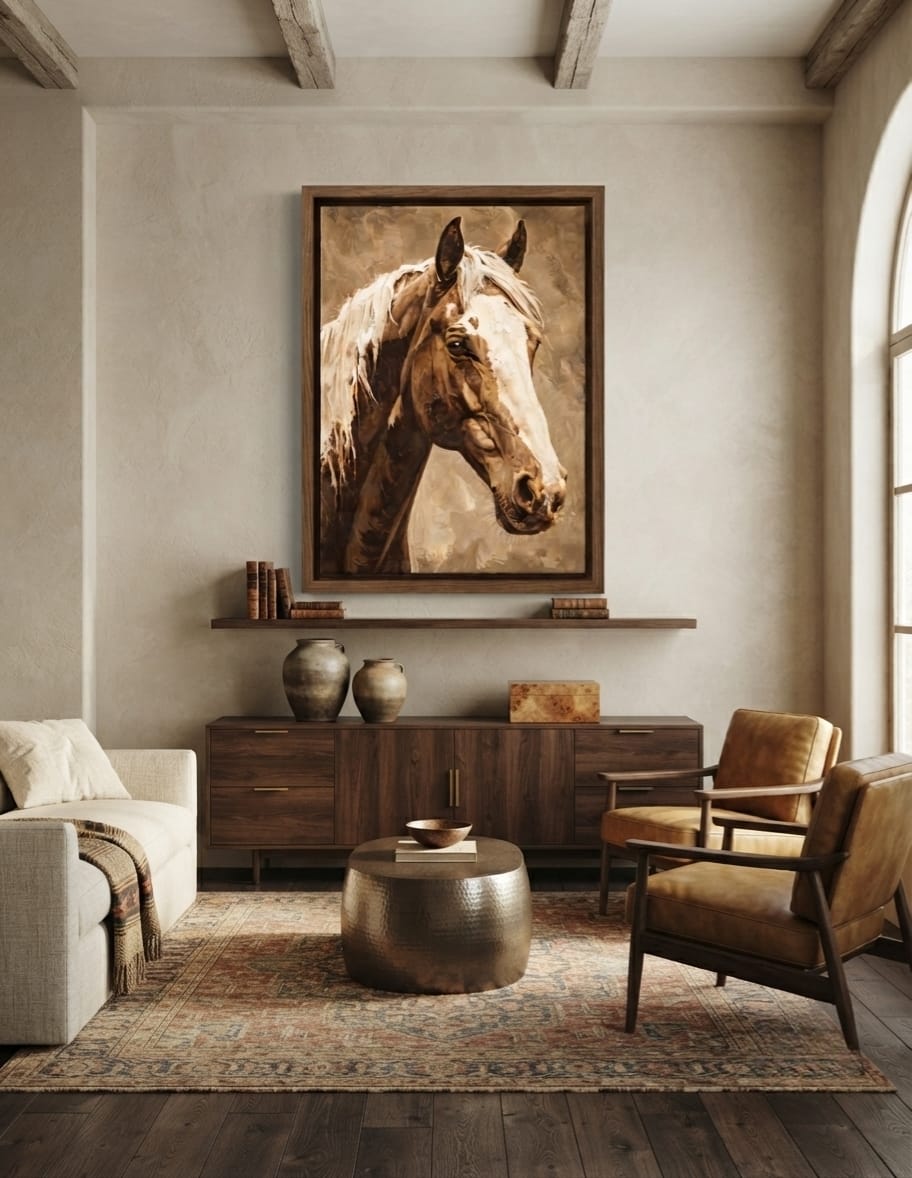 Warm Sepia Wild Horse Portrait Canvas Print - Blonde Mane & White Blaze Horse Painting